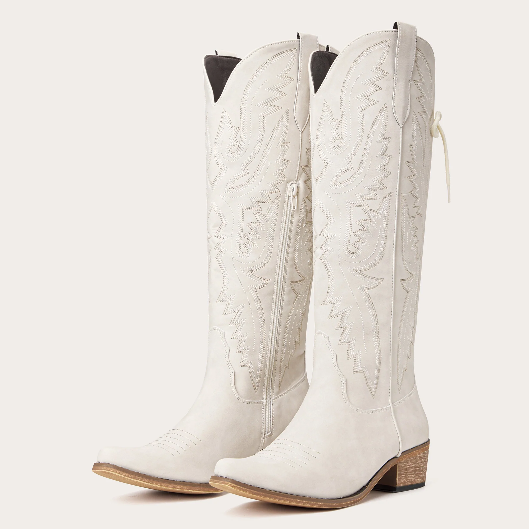 The Withersteen - Ivory Wide Calf Cowgirl Boots with Bold Embroidery and Lace-Up Back - Image 5