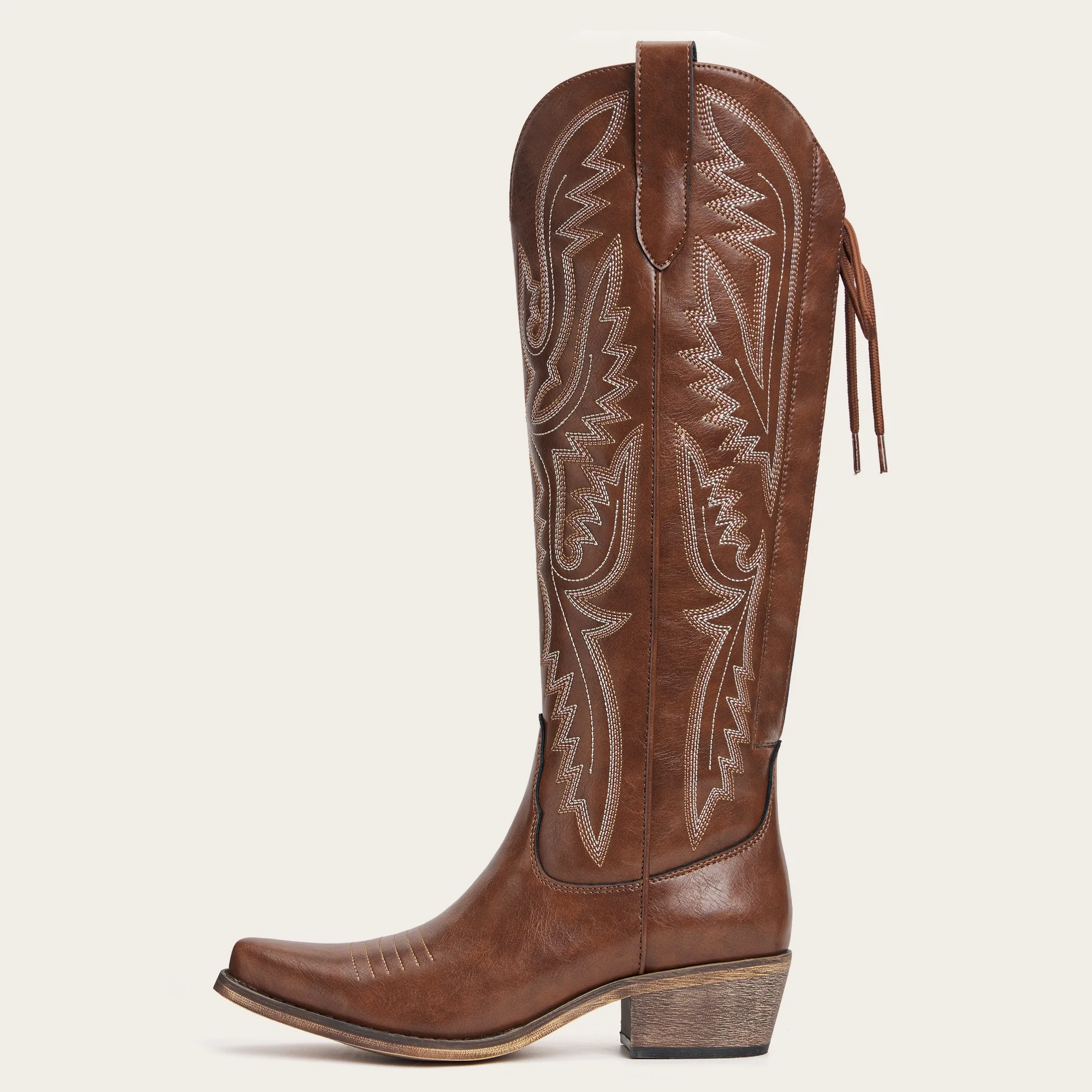 The Withersteen - Brown Wide Calf Cowgirl Boots with Bold Embroidery and Lace-Up Back - Image 4