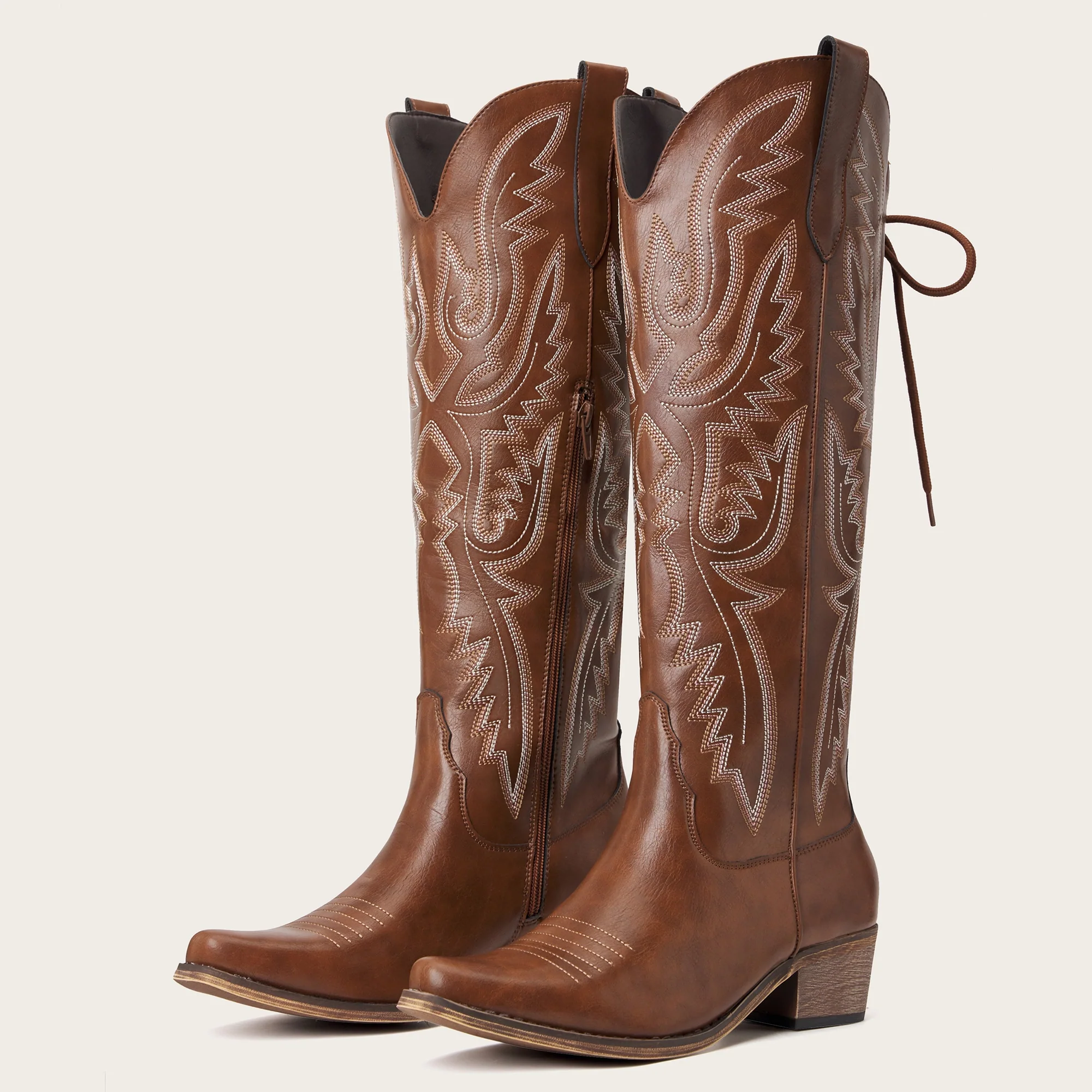 The Withersteen - Brown Wide Calf Cowgirl Boots with Bold Embroidery and Lace-Up Back - Image 5