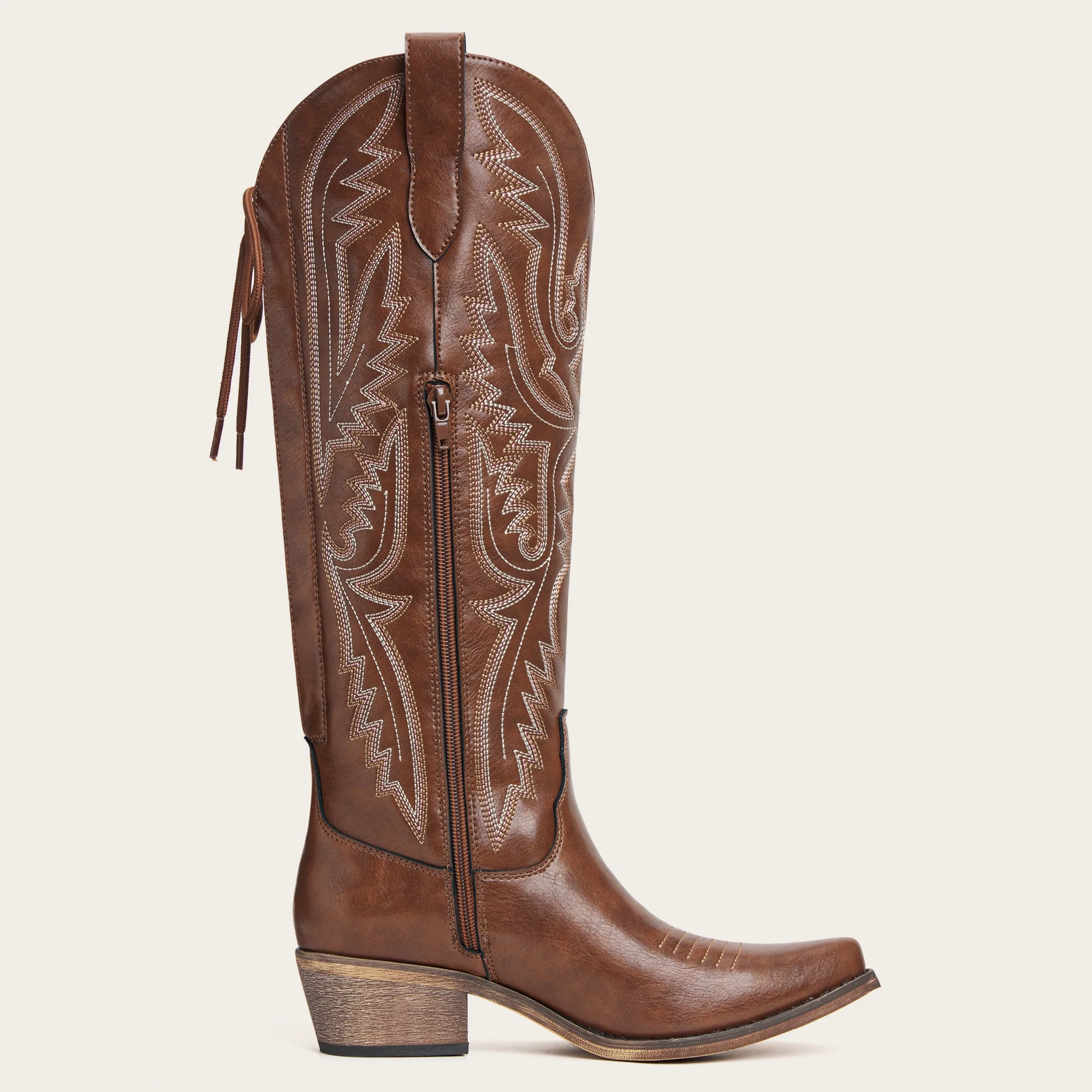 The Withersteen - Brown Wide Calf Cowgirl Boots with Bold Embroidery and Lace-Up Back - Image 7